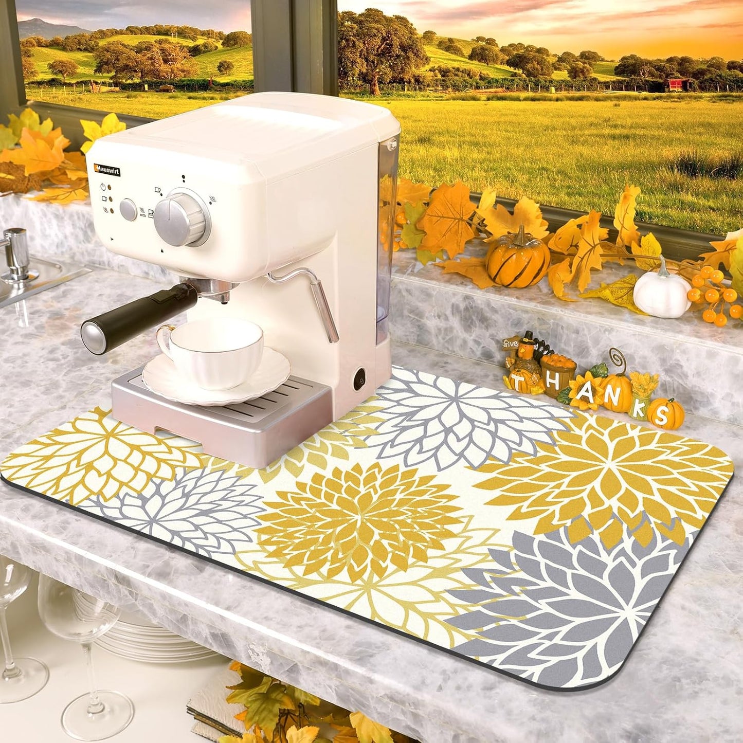 2PCS 12" x 20" Fall Dish Drying Mat & 24" x 5.5" Sink Splash Guard, Super Absorbent & Cuttable Dish Mat Drying Kitchen Mat with Yellow Floral, Hide Stain Drying Mat for Kitchen Counter