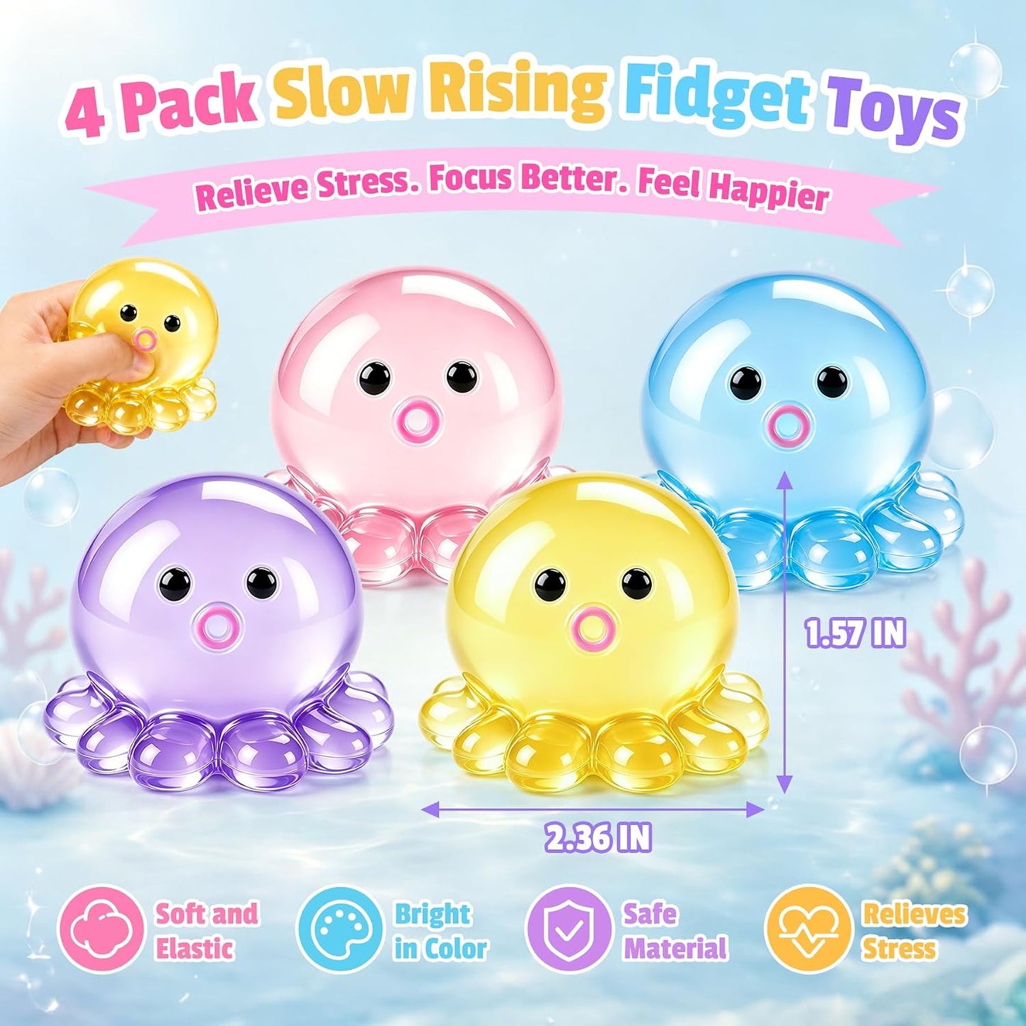 4 Pack Octopus Squishy Stress Balls Slow Rising Anxiety Relief Toys Cute Soft Squeeze Toys for Classroom Prize Birthday Party Favors
