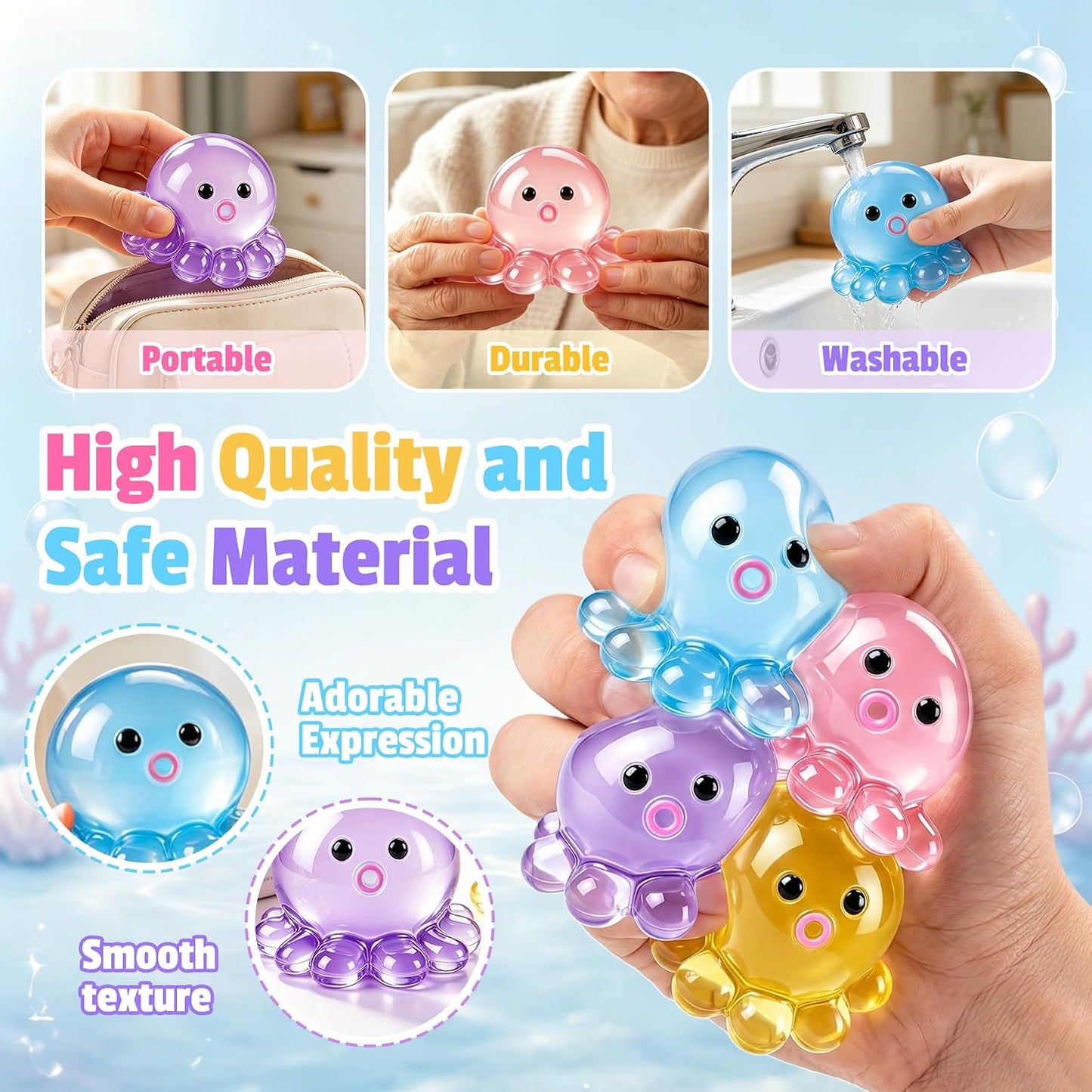 4 Pack Octopus Squishy Stress Balls Slow Rising Anxiety Relief Toys Cute Soft Squeeze Toys for Classroom Prize Birthday Party Favors