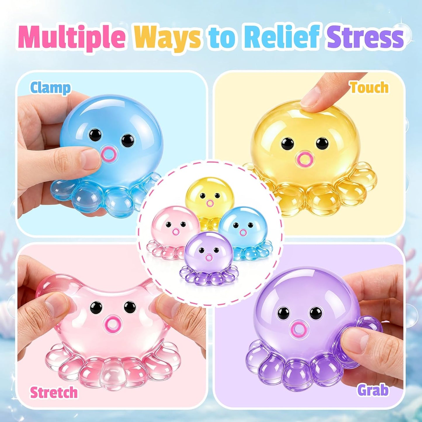 4 Pack Octopus Squishy Stress Balls Slow Rising Anxiety Relief Toys Cute Soft Squeeze Toys for Classroom Prize Birthday Party Favors