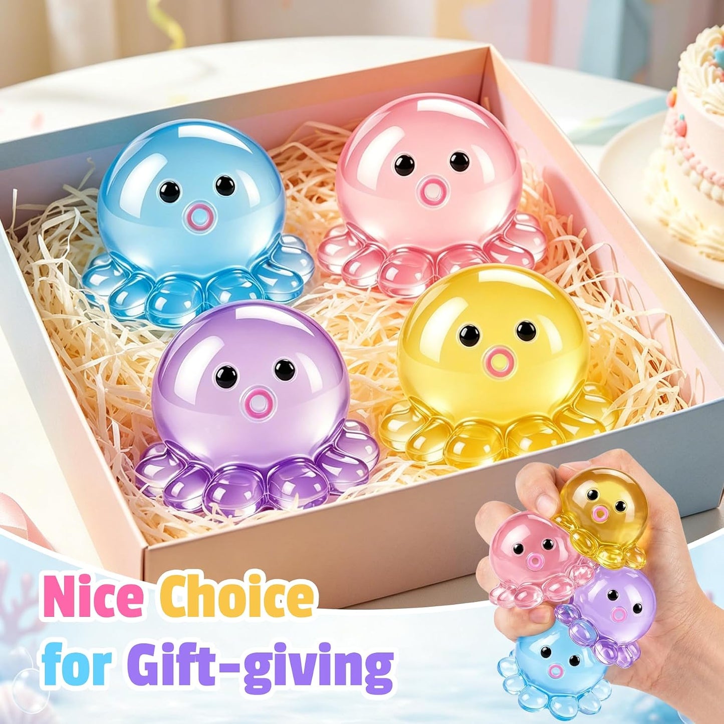 4 Pack Octopus Squishy Stress Balls Slow Rising Anxiety Relief Toys Cute Soft Squeeze Toys for Classroom Prize Birthday Party Favors