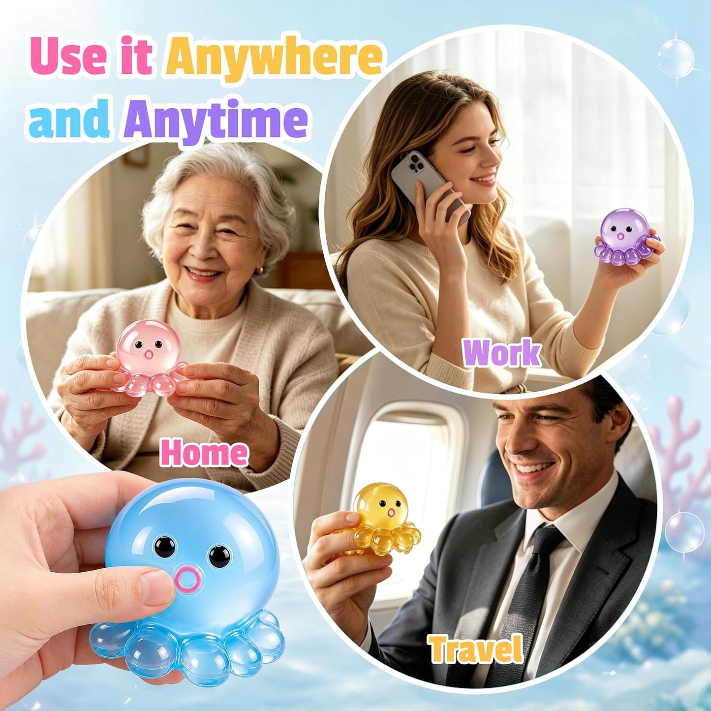 4 Pack Octopus Squishy Stress Balls Slow Rising Anxiety Relief Toys Cute Soft Squeeze Toys for Classroom Prize Birthday Party Favors
