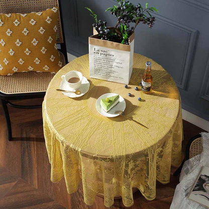 Vintage 60 inch Yellow Lace Tablecloth Floral Embroidered Boho Shabby Chic Small Table Cover for Wedding Halloween Party Dinning Holiday, 1 Piece