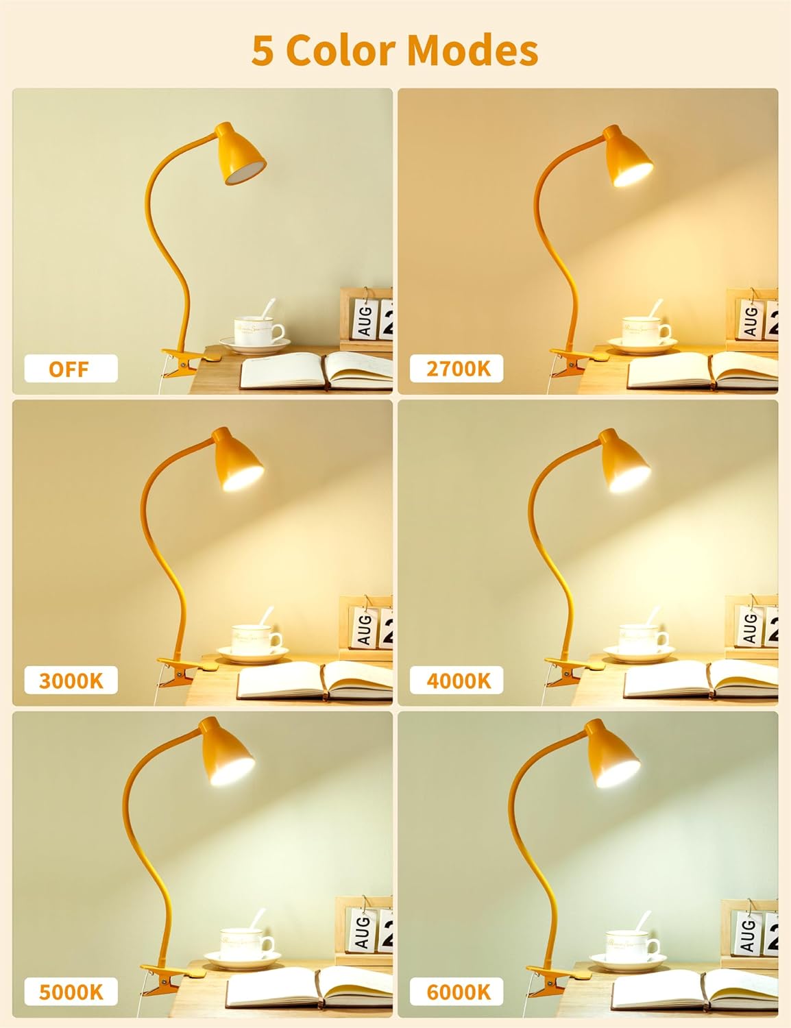 Clip on Light, Desk Lamp with Clamp, 5 Color 10 Brightness Yellow | Flexible Neck Clip Lamp, 10W 38 LED, Auto Off Timer, Desk Lights for Office Home Bed Bedside Reading, Bright Yellow