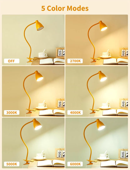 Clip on Light, Desk Lamp with Clamp, 5 Color 10 Brightness Yellow | Flexible Neck Clip Lamp, 10W 38 LED, Auto Off Timer, Desk Lights for Office Home Bed Bedside Reading, Bright Yellow