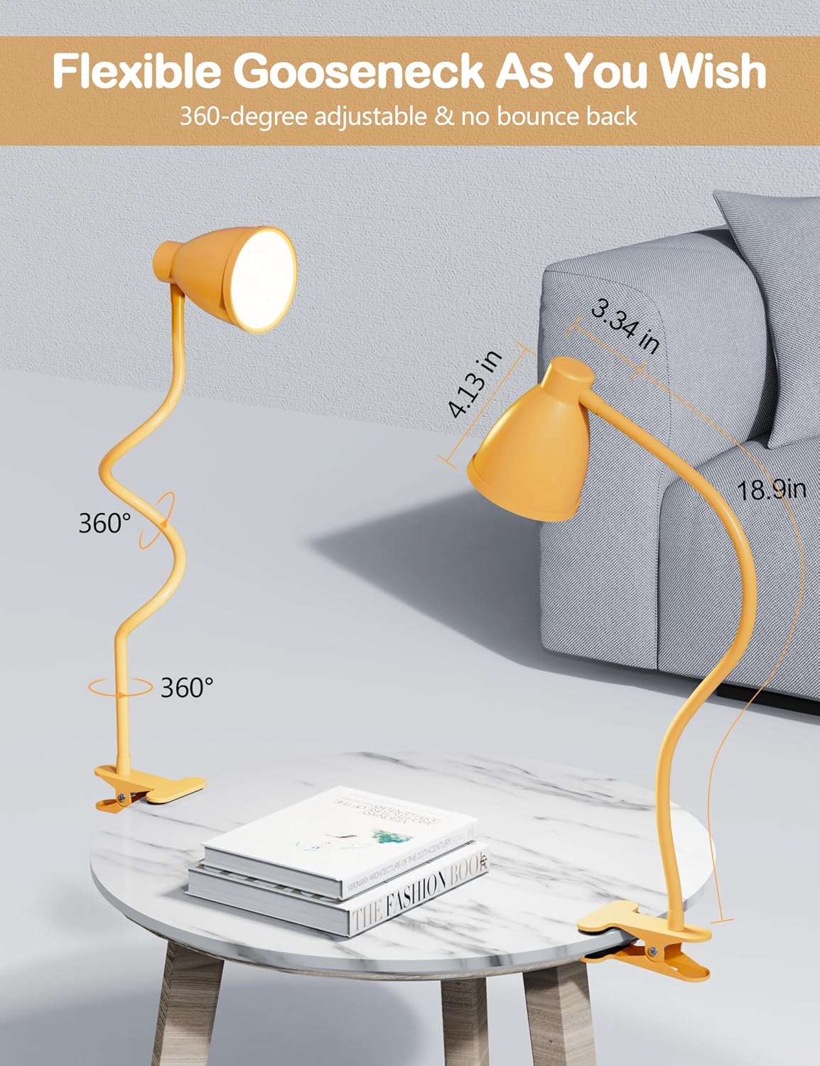 Clip on Light, Desk Lamp with Clamp, 5 Color 10 Brightness Yellow | Flexible Neck Clip Lamp, 10W 38 LED, Auto Off Timer, Desk Lights for Office Home Bed Bedside Reading, Bright Yellow