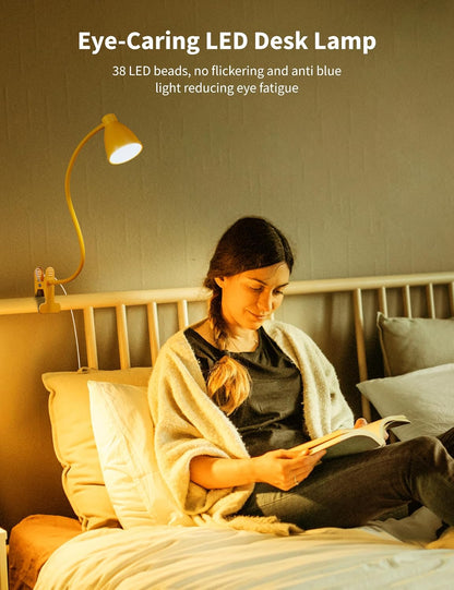 Clip on Light, Desk Lamp with Clamp, 5 Color 10 Brightness Yellow | Flexible Neck Clip Lamp, 10W 38 LED, Auto Off Timer, Desk Lights for Office Home Bed Bedside Reading, Bright Yellow
