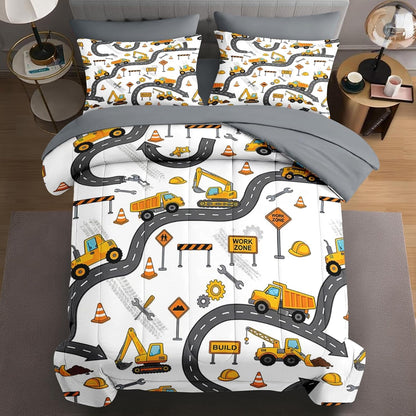 WeCozy 5 Pcs Twin Size Comforter Set, Construction Truck Bedding Set for Boys, Yellow Excavator Cartoon Bed in a Bag with 1 Pillowcase & 1 Sham
