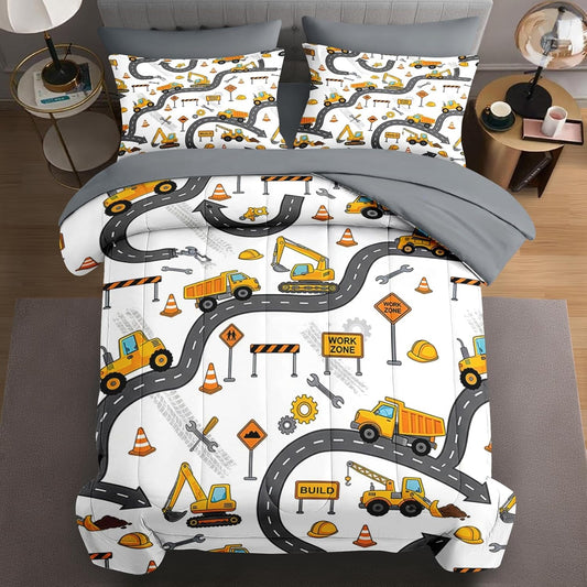 WeCozy 5 Pcs Twin Size Comforter Set, Construction Truck Bedding Set for Boys, Yellow Excavator Cartoon Bed in a Bag with 1 Pillowcase & 1 Sham