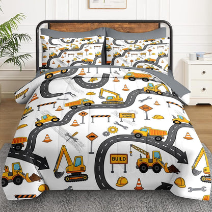 WeCozy 5 Pcs Twin Size Comforter Set, Construction Truck Bedding Set for Boys, Yellow Excavator Cartoon Bed in a Bag with 1 Pillowcase & 1 Sham