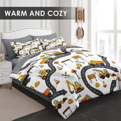 WeCozy 5 Pcs Twin Size Comforter Set, Construction Truck Bedding Set for Boys, Yellow Excavator Cartoon Bed in a Bag with 1 Pillowcase & 1 Sham