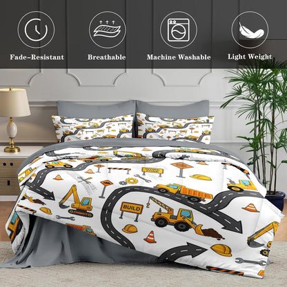 WeCozy 5 Pcs Twin Size Comforter Set, Construction Truck Bedding Set for Boys, Yellow Excavator Cartoon Bed in a Bag with 1 Pillowcase & 1 Sham