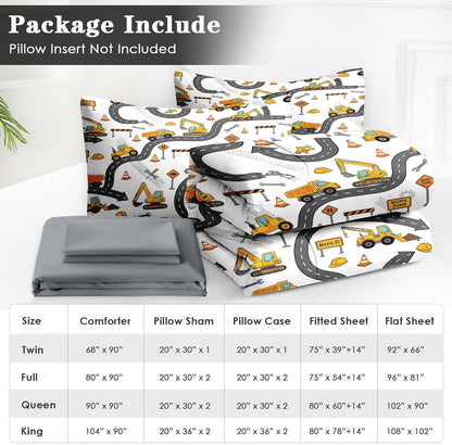 WeCozy 5 Pcs Twin Size Comforter Set, Construction Truck Bedding Set for Boys, Yellow Excavator Cartoon Bed in a Bag with 1 Pillowcase & 1 Sham
