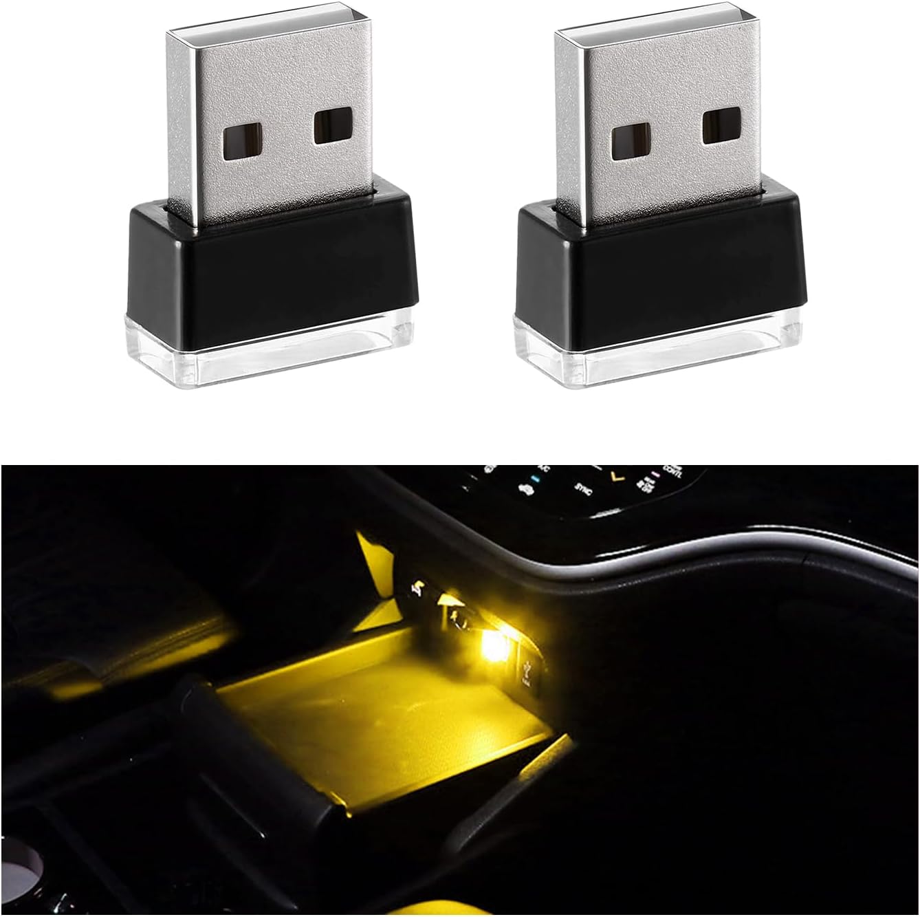 2 PCS USB LED Car Interior Atmosphere Lamp, Portable Mini LED Night Light, Plug-in USB Interface Trunk Ambient Lighting Kit, Universal Interior Car Accessories (Yellow)