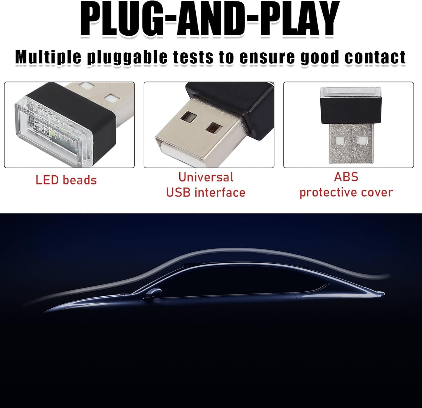 2 PCS USB LED Car Interior Atmosphere Lamp, Portable Mini LED Night Light, Plug-in USB Interface Trunk Ambient Lighting Kit, Universal Interior Car Accessories (Yellow)