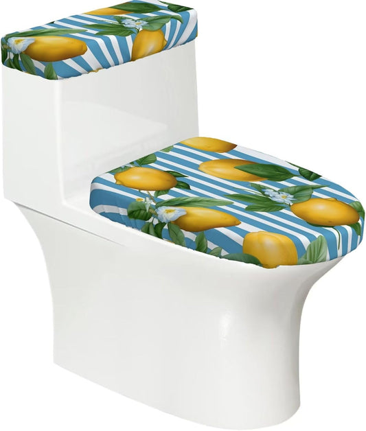 Toilet Lid and Tank Covers Set of 2, Yellow Lemon Blue Stripes Pattern Washable Reusable Stretch Toilet Lid Cover for Bathroom Office Home Decor
