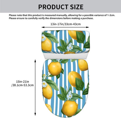 Toilet Lid and Tank Covers Set of 2, Yellow Lemon Blue Stripes Pattern Washable Reusable Stretch Toilet Lid Cover for Bathroom Office Home Decor