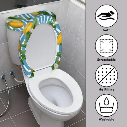 Toilet Lid and Tank Covers Set of 2, Yellow Lemon Blue Stripes Pattern Washable Reusable Stretch Toilet Lid Cover for Bathroom Office Home Decor