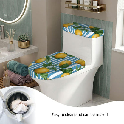 Toilet Lid and Tank Covers Set of 2, Yellow Lemon Blue Stripes Pattern Washable Reusable Stretch Toilet Lid Cover for Bathroom Office Home Decor