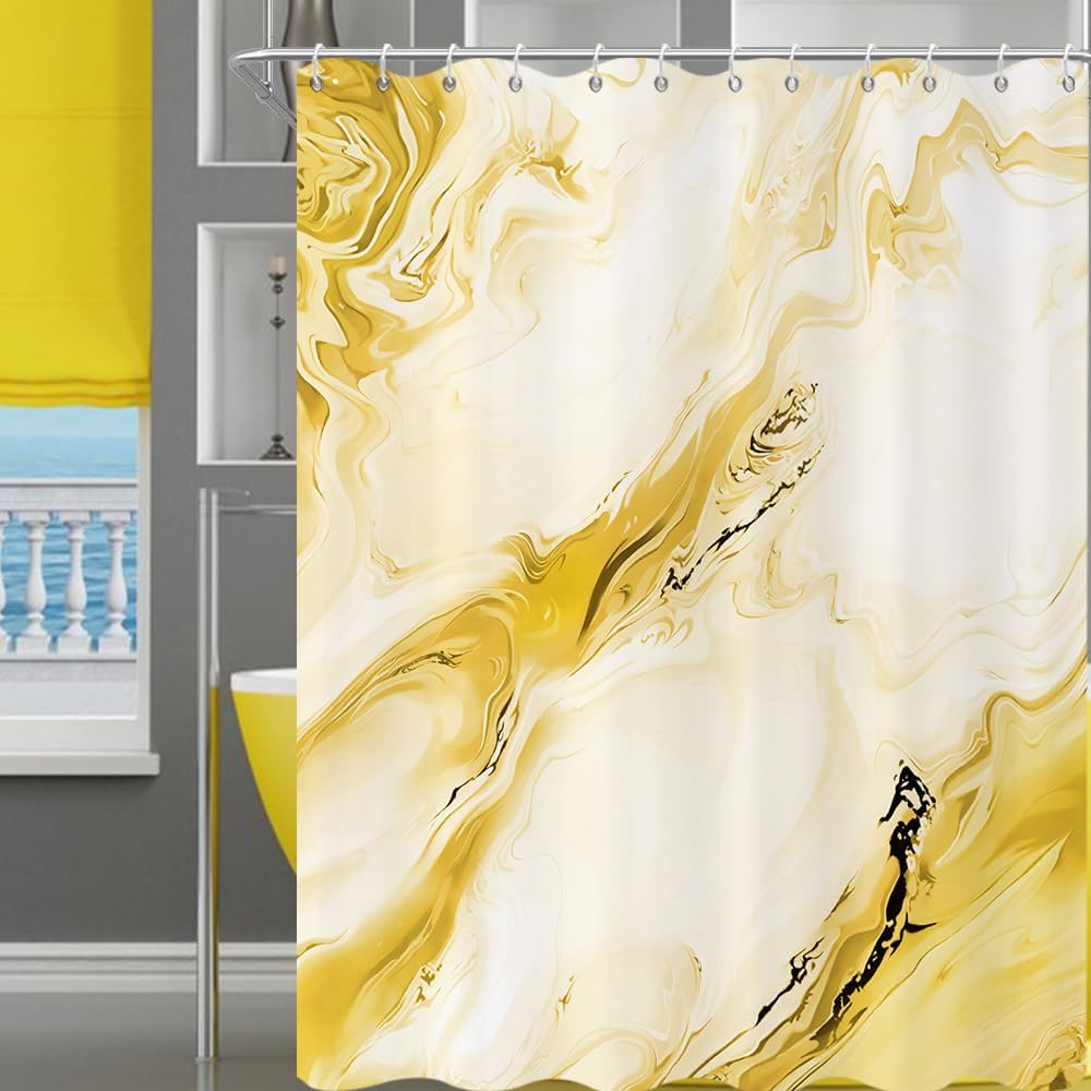 Yellow Marble Shower Curtain, Modern Abstract Yellow Grey Ombre Marble Art Bathroom Curtain Waterproof Fabric Machine Washable with Hooks, 72" Wx78 L