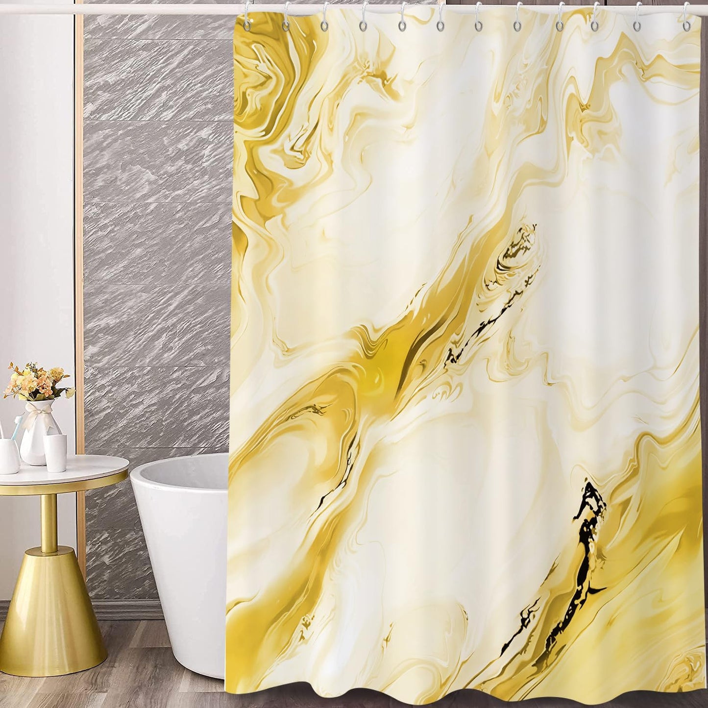 Yellow Marble Shower Curtain, Modern Abstract Yellow Grey Ombre Marble Art Bathroom Curtain Waterproof Fabric Machine Washable with Hooks, 72" Wx78 L