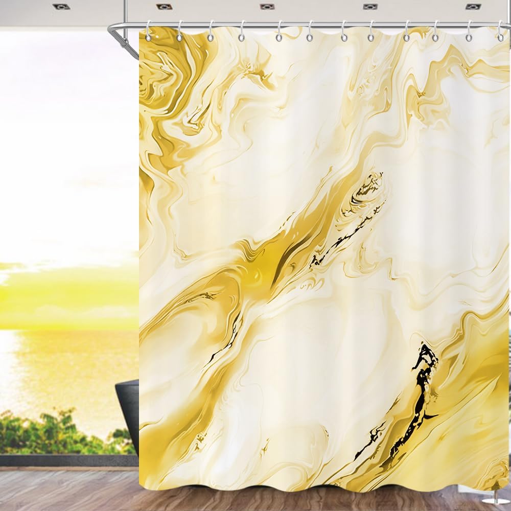 Yellow Marble Shower Curtain, Modern Abstract Yellow Grey Ombre Marble Art Bathroom Curtain Waterproof Fabric Machine Washable with Hooks, 72" Wx78 L