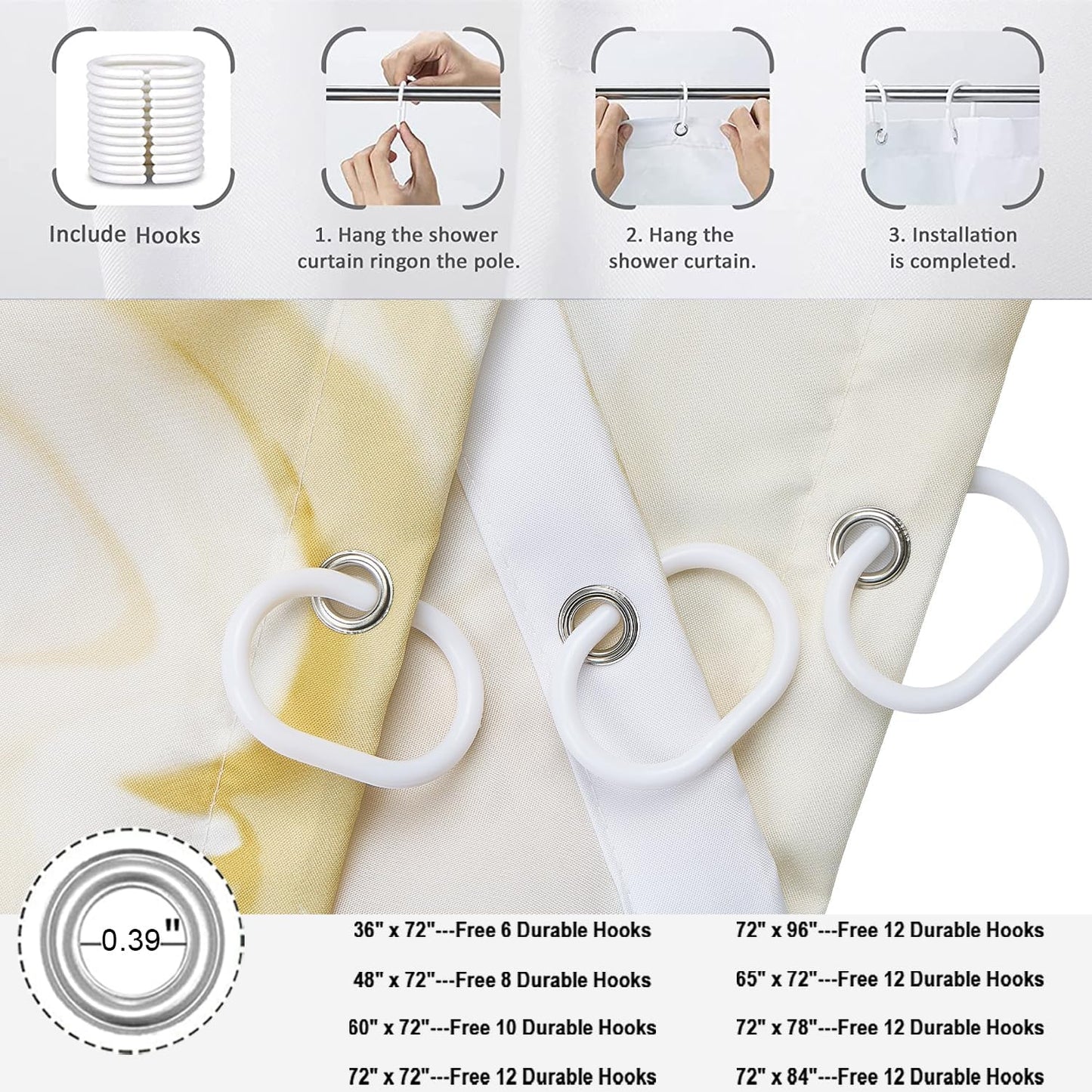 Yellow Marble Shower Curtain, Modern Abstract Yellow Grey Ombre Marble Art Bathroom Curtain Waterproof Fabric Machine Washable with Hooks, 72" Wx78 L