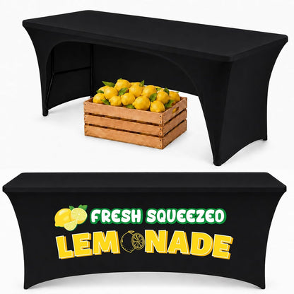 6Ft Lemonade Open Back Stand Tablecloth Lemonade Stand Supplies Lemon Stretch Spandex Table Cover for Standard Folding Tables Summer Party Rectangular Fitted Protector Booth Outdoor Supplies (Black)