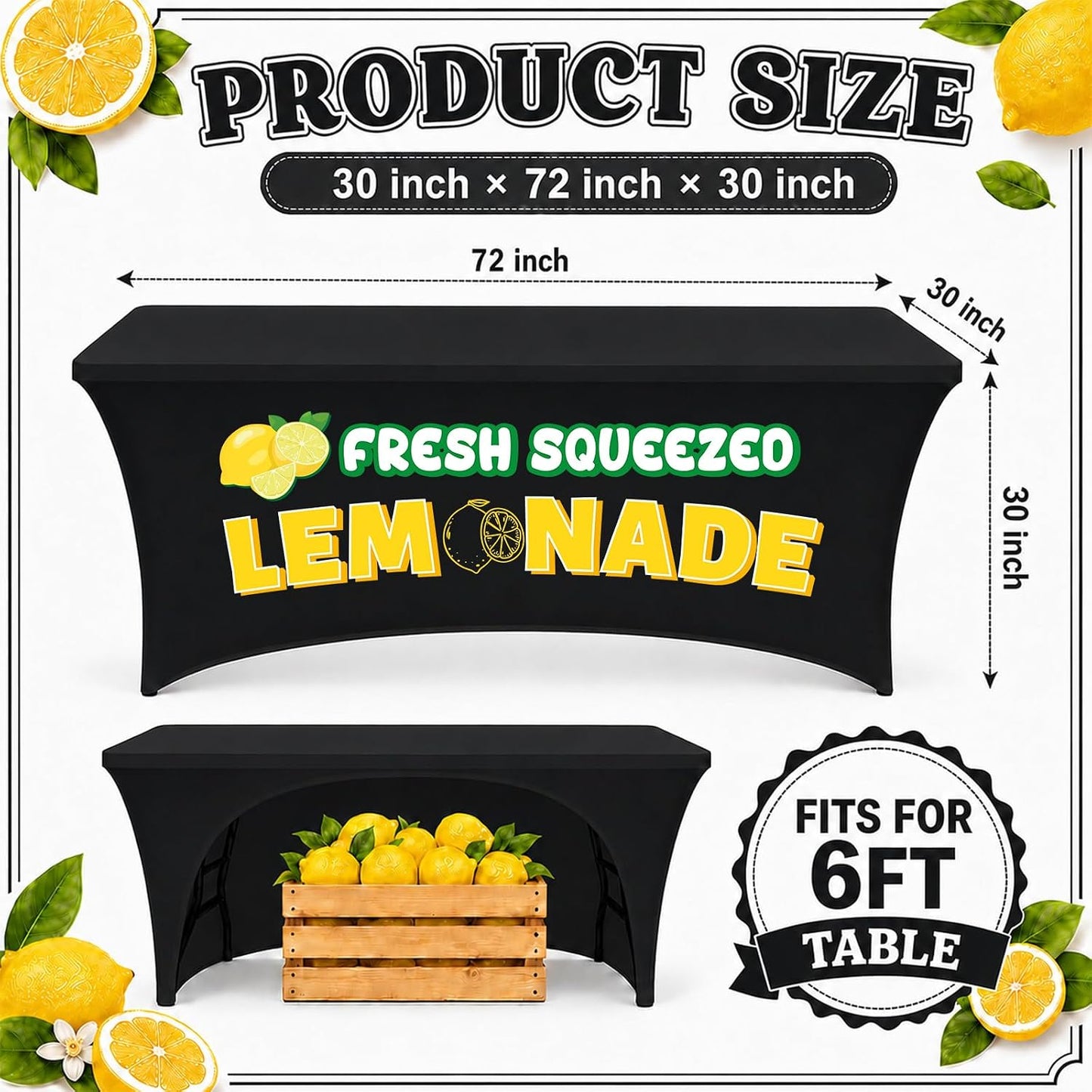 6Ft Lemonade Open Back Stand Tablecloth Lemonade Stand Supplies Lemon Stretch Spandex Table Cover for Standard Folding Tables Summer Party Rectangular Fitted Protector Booth Outdoor Supplies (Black)