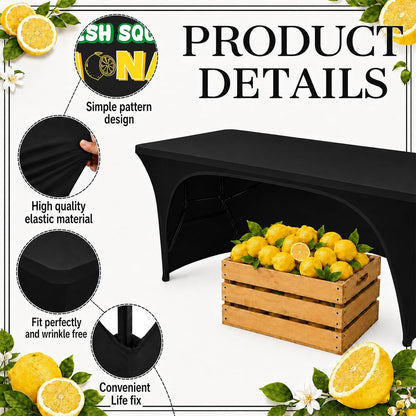 6Ft Lemonade Open Back Stand Tablecloth Lemonade Stand Supplies Lemon Stretch Spandex Table Cover for Standard Folding Tables Summer Party Rectangular Fitted Protector Booth Outdoor Supplies (Black)