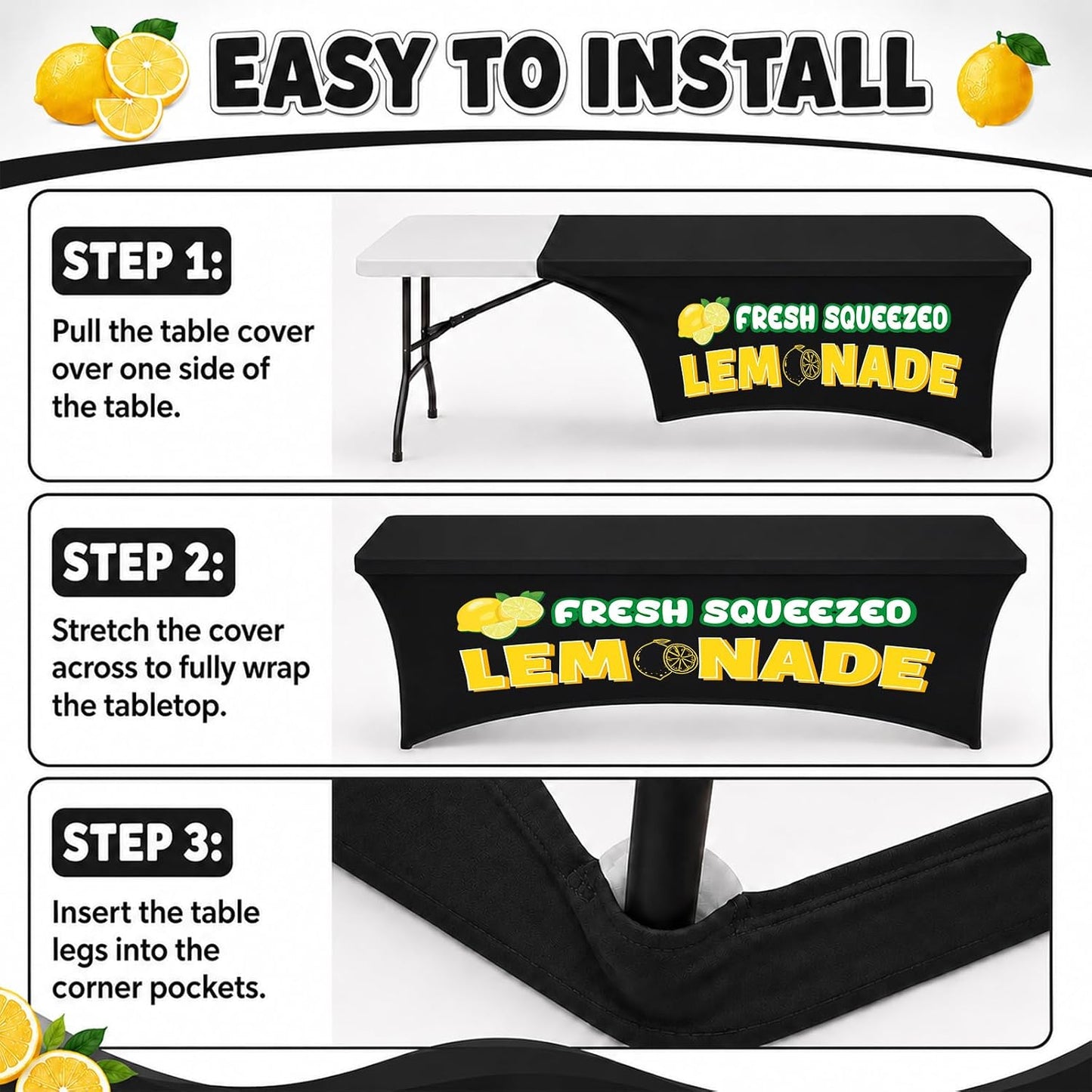 6Ft Lemonade Open Back Stand Tablecloth Lemonade Stand Supplies Lemon Stretch Spandex Table Cover for Standard Folding Tables Summer Party Rectangular Fitted Protector Booth Outdoor Supplies (Black)