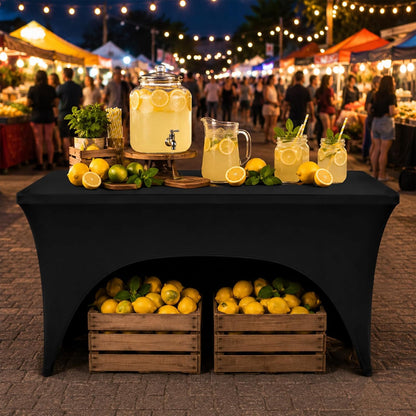 6Ft Lemonade Open Back Stand Tablecloth Lemonade Stand Supplies Lemon Stretch Spandex Table Cover for Standard Folding Tables Summer Party Rectangular Fitted Protector Booth Outdoor Supplies (Black)