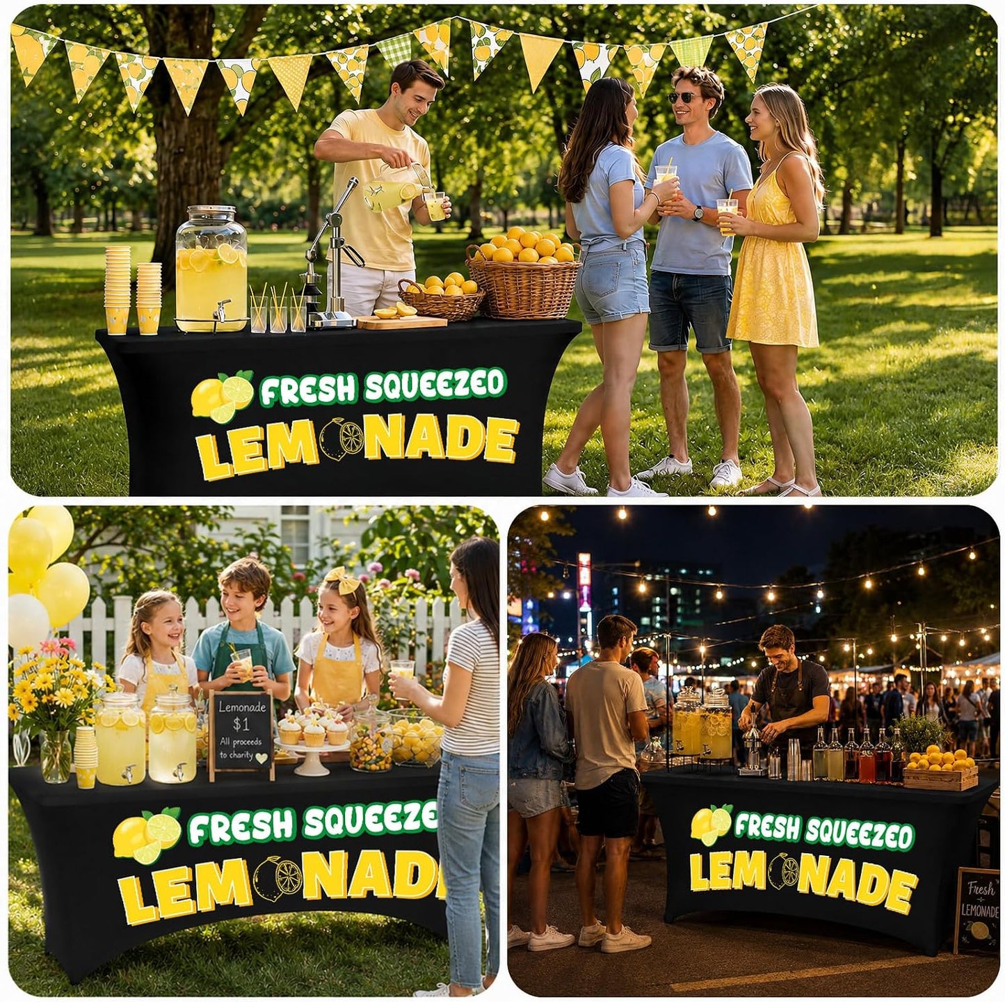 6Ft Lemonade Open Back Stand Tablecloth Lemonade Stand Supplies Lemon Stretch Spandex Table Cover for Standard Folding Tables Summer Party Rectangular Fitted Protector Booth Outdoor Supplies (Black)