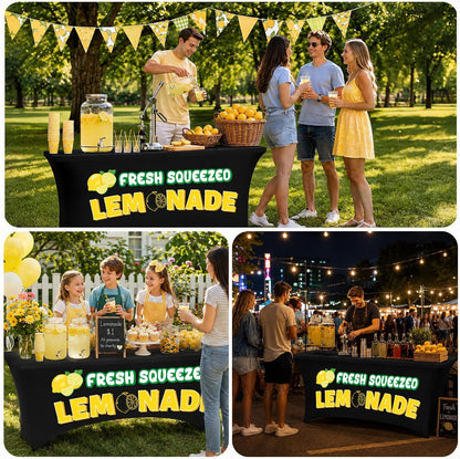 6Ft Lemonade Open Back Stand Tablecloth Lemonade Stand Supplies Lemon Stretch Spandex Table Cover for Standard Folding Tables Summer Party Rectangular Fitted Protector Booth Outdoor Supplies (Black)