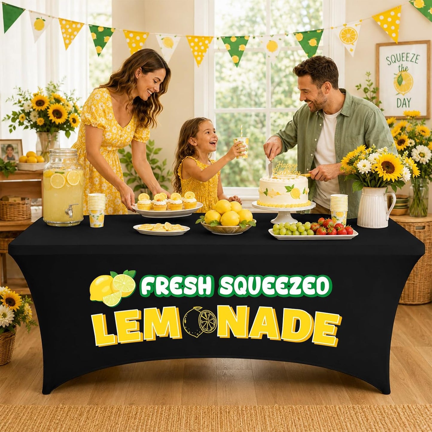 6Ft Lemonade Open Back Stand Tablecloth Lemonade Stand Supplies Lemon Stretch Spandex Table Cover for Standard Folding Tables Summer Party Rectangular Fitted Protector Booth Outdoor Supplies (Black)