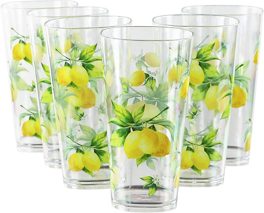 Calypso Basics Fresh Lemons 19 oz Acrylic Drinkware Set of 6 – BPA-Free, Indoor/Outdoor, Dishwasher Safe, Lemons with Bees
