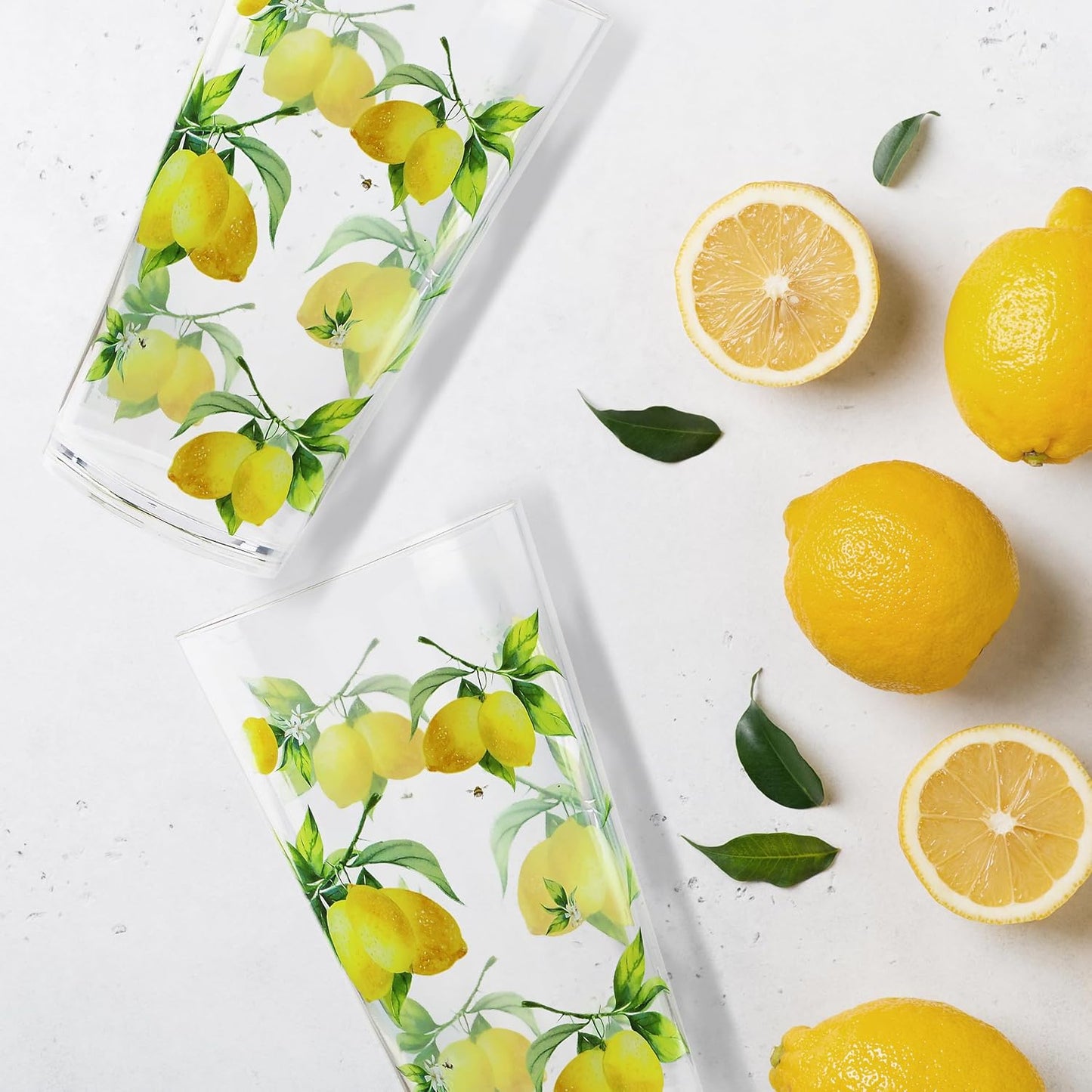 Calypso Basics Fresh Lemons 19 oz Acrylic Drinkware Set of 6 – BPA-Free, Indoor/Outdoor, Dishwasher Safe, Lemons with Bees