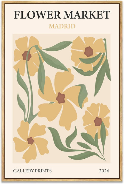 Gufro Flower Market Framed Wall Art,Yellow Danish Pastel Floral Print Painting,Abstract Minimalist Botanica Artwork Prints for For Living Room Girls Room Nursery Bedroom 12x16Inch
