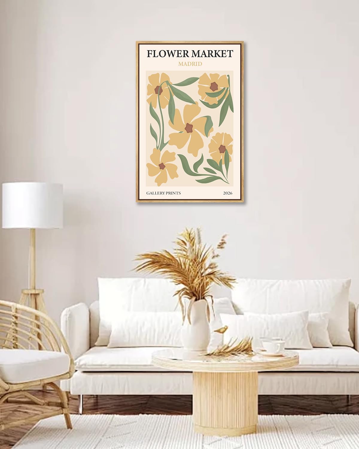 Gufro Flower Market Framed Wall Art,Yellow Danish Pastel Floral Print Painting,Abstract Minimalist Botanica Artwork Prints for For Living Room Girls Room Nursery Bedroom 12x16Inch