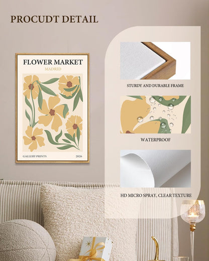 Gufro Flower Market Framed Wall Art,Yellow Danish Pastel Floral Print Painting,Abstract Minimalist Botanica Artwork Prints for For Living Room Girls Room Nursery Bedroom 12x16Inch