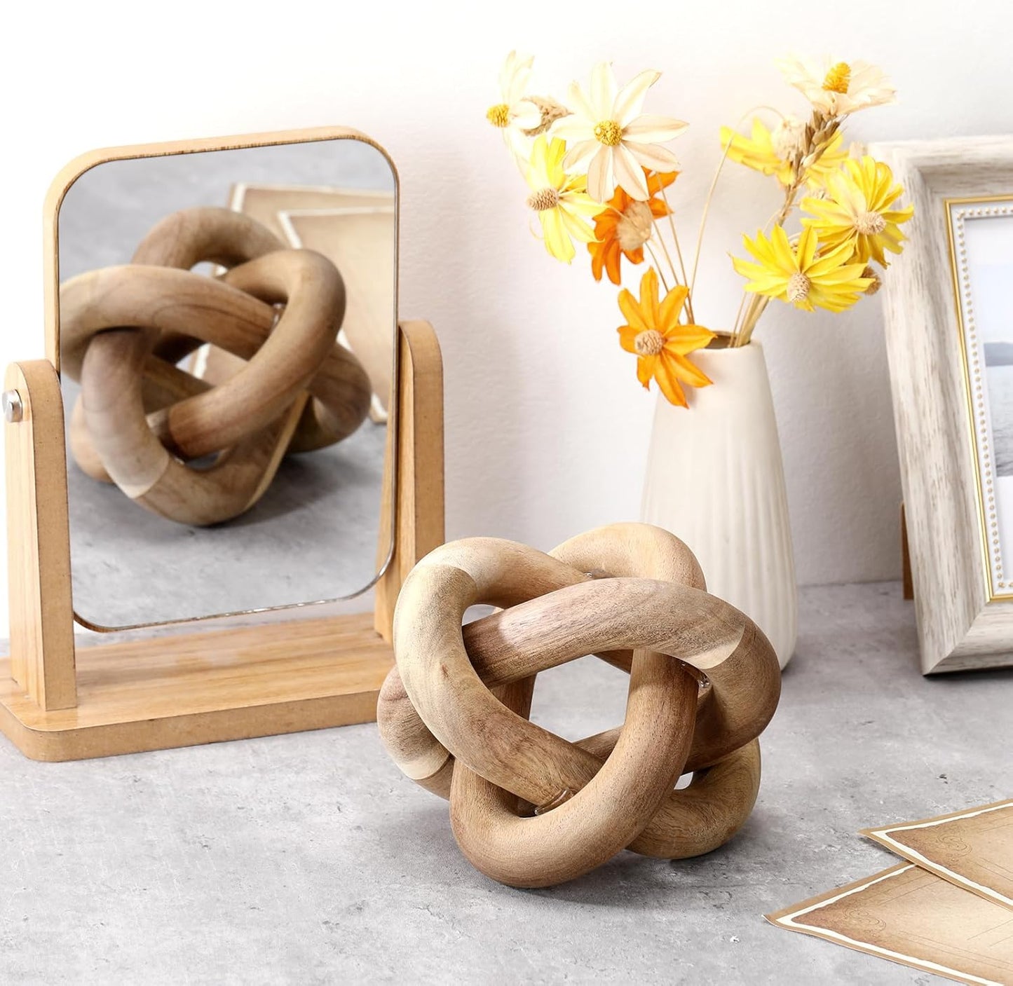 3 Link Wood Knot Decor Rustic Home Décor Accents Hand Carved Coffee Table Decoration, Boho Chain Link Decoration, Modern Shelf, Rustic Objects for Home Living Room Bedroom(Yellow)