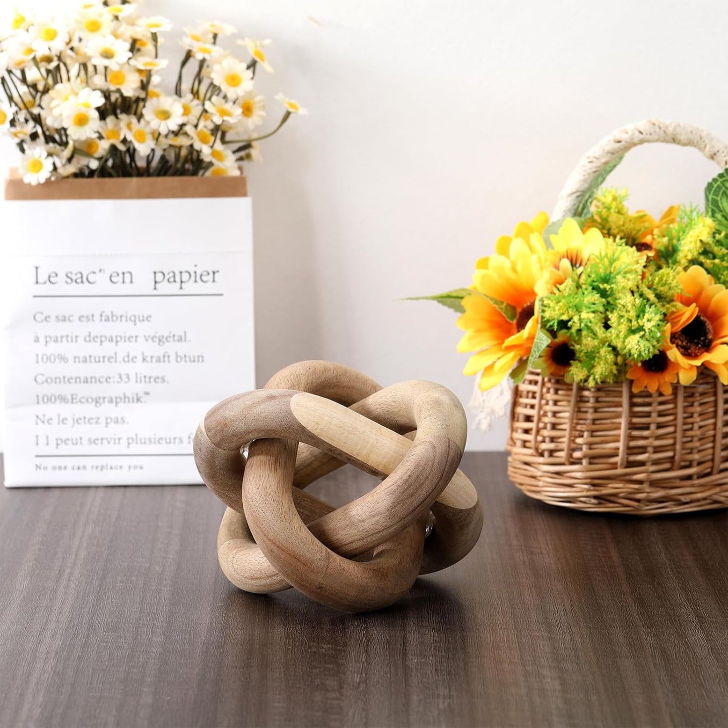 3 Link Wood Knot Decor Rustic Home Décor Accents Hand Carved Coffee Table Decoration, Boho Chain Link Decoration, Modern Shelf, Rustic Objects for Home Living Room Bedroom(Yellow)