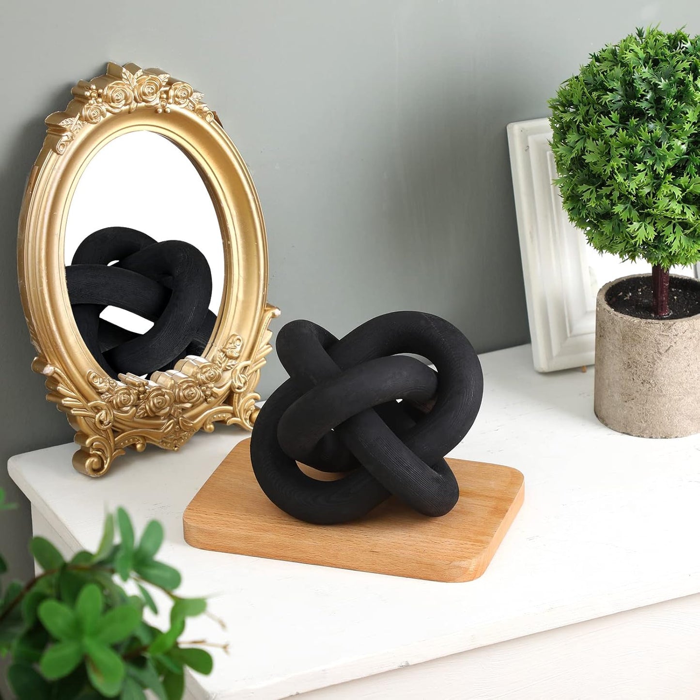 3 Link Wood Knot Decor Rustic Home Décor Accents Hand Carved Coffee Table Decoration, Boho Chain Link Decoration, Modern Shelf, Rustic Objects for Home Living Room Bedroom(Yellow)