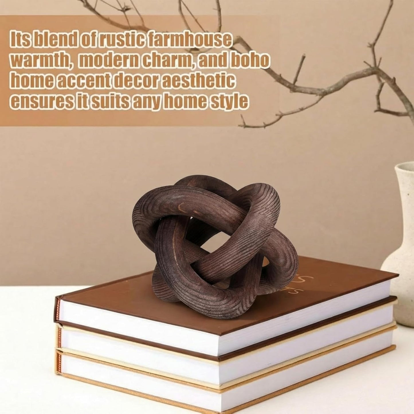 3 Link Wood Knot Decor Rustic Home Décor Accents Hand Carved Coffee Table Decoration, Boho Chain Link Decoration, Modern Shelf, Rustic Objects for Home Living Room Bedroom(Yellow)
