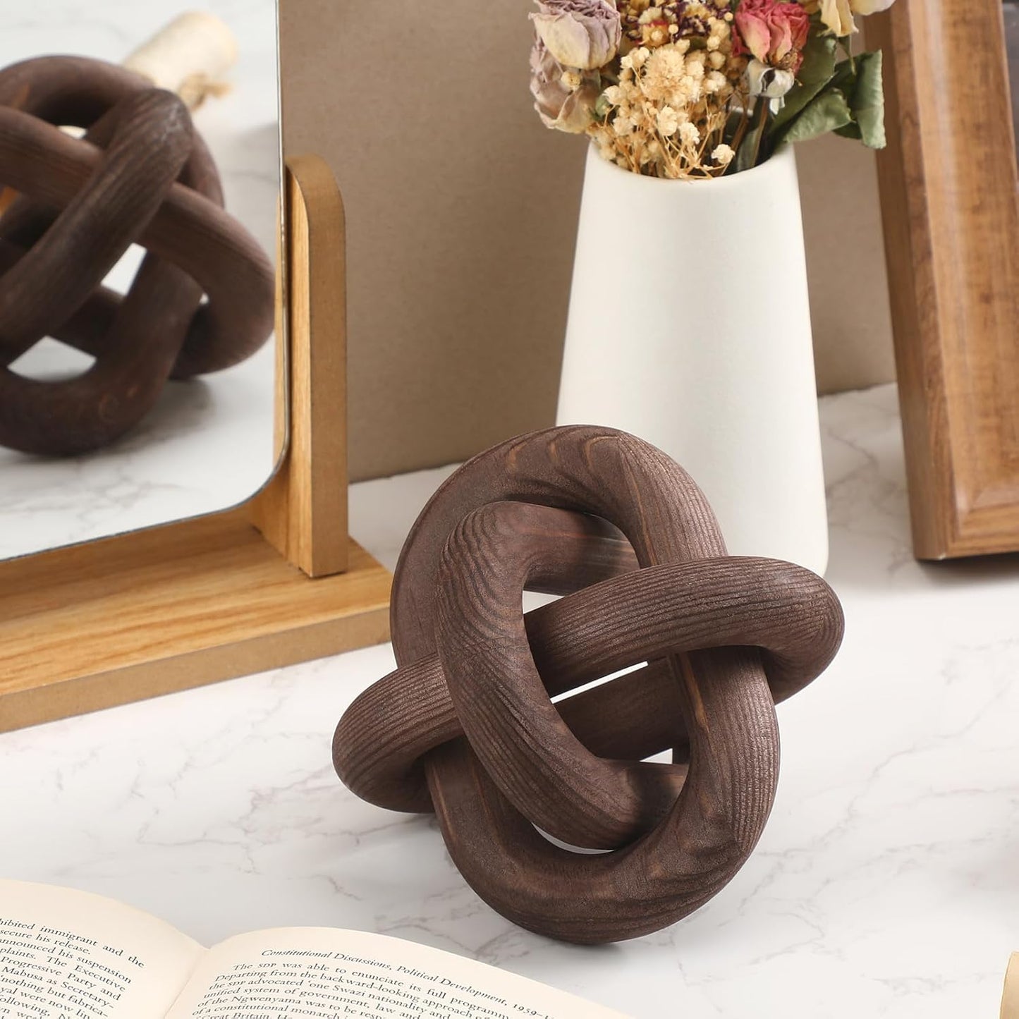 3 Link Wood Knot Decor Rustic Home Décor Accents Hand Carved Coffee Table Decoration, Boho Chain Link Decoration, Modern Shelf, Rustic Objects for Home Living Room Bedroom(Yellow)