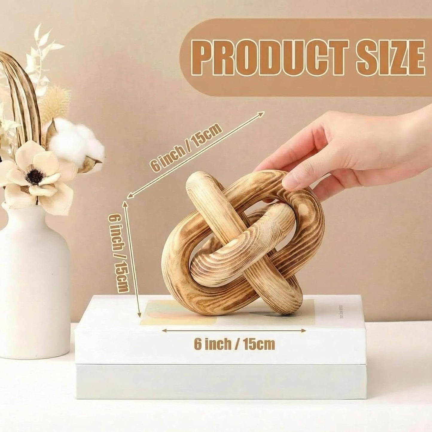 3 Link Wood Knot Decor Rustic Home Décor Accents Hand Carved Coffee Table Decoration, Boho Chain Link Decoration, Modern Shelf, Rustic Objects for Home Living Room Bedroom(Yellow)