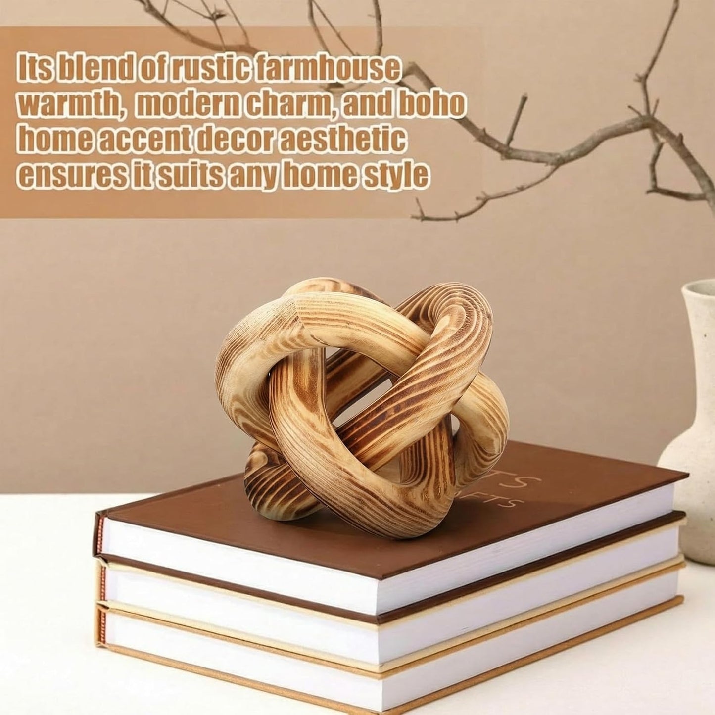 3 Link Wood Knot Decor Rustic Home Décor Accents Hand Carved Coffee Table Decoration, Boho Chain Link Decoration, Modern Shelf, Rustic Objects for Home Living Room Bedroom(Yellow)