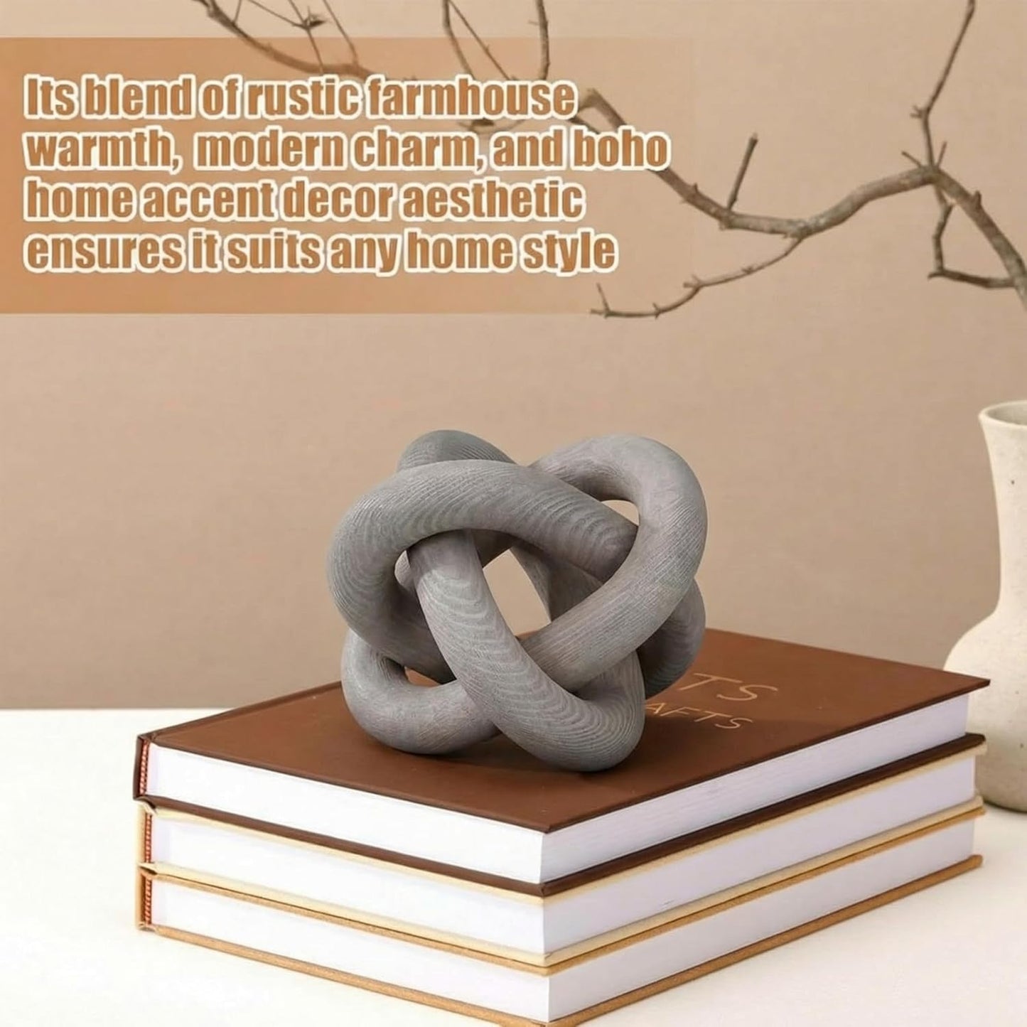 3 Link Wood Knot Decor Rustic Home Décor Accents Hand Carved Coffee Table Decoration, Boho Chain Link Decoration, Modern Shelf, Rustic Objects for Home Living Room Bedroom(Yellow)