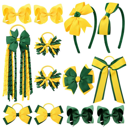Yellow & Green School Hair Accessories Set 13 Pcs Uniform Hair Bow Headband Clips Hair Ties Curly Korker Bows for Little Toddler School Girls (Yellow&Green)