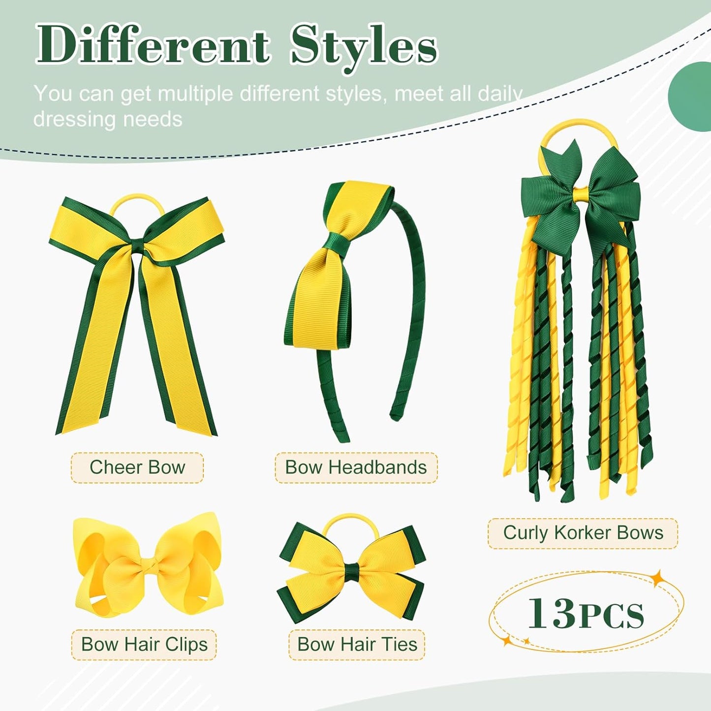 Yellow & Green School Hair Accessories Set 13 Pcs Uniform Hair Bow Headband Clips Hair Ties Curly Korker Bows for Little Toddler School Girls (Yellow&Green)